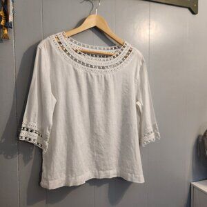 J Jill‎ Love linen 3/4 sleeve white crochet white blouse top shirt